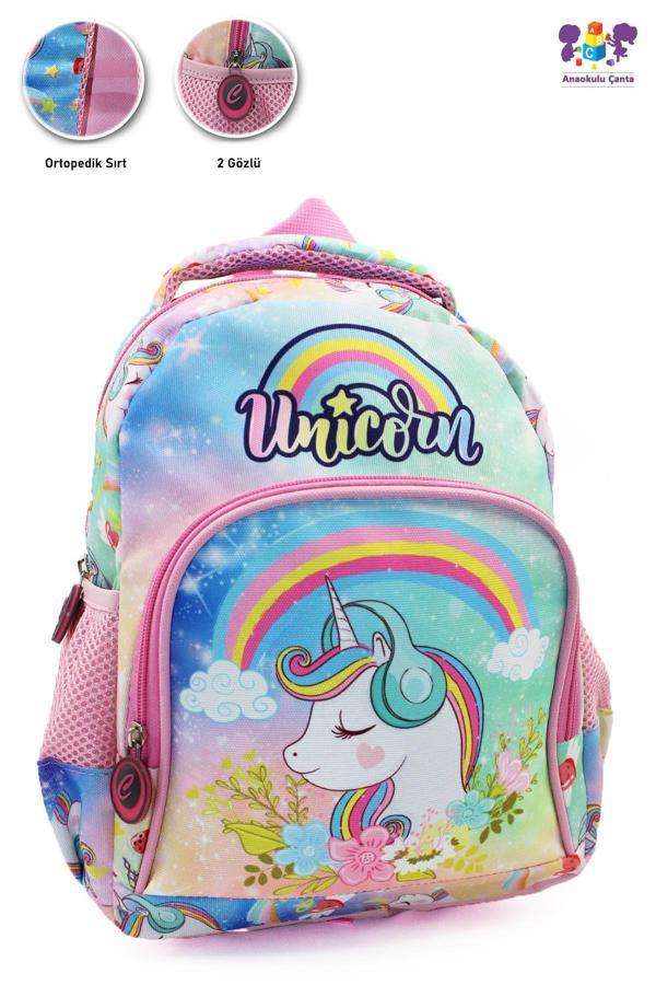 2 Gözlü Unicorn Anaokulu Çantası - Kız Çocuk Çanta Kreş Çantası - Gökkuşağı Unicorn Çanta - Image 1