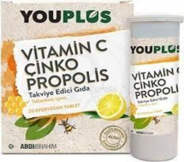 3 KUTU YOUPLUS VİTAMİN C, ÇİNKO, PROPOLİS EFERVESAN TABLET TAKVİYE EDİCİ GIDA 20 TABLET - Image 1