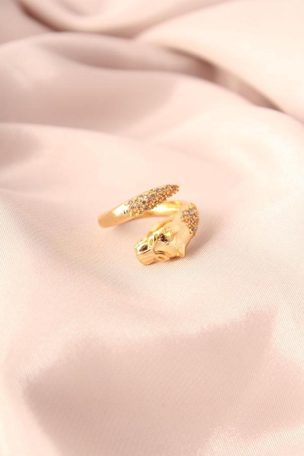 Gold Renk Metal Zirkon Taşlı Kaplan Model Ayarlanabilir Kadın Yüzük - Image 1