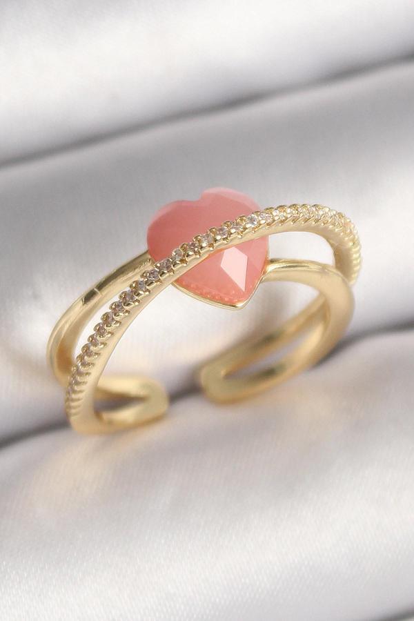 Pirinç Gold Renk Pembe Kristal Kalp Model Zirkon Taş Detaylı Kadın Yüzük - Image 1