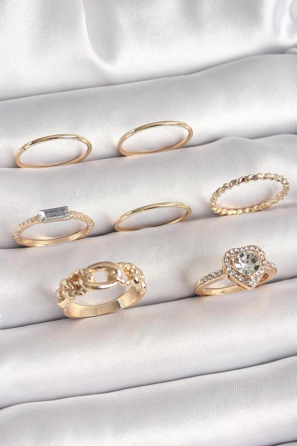Pirinç Gold Renk Zirkon Taşlı Kalp Figür Düğüm Detay Kadın Yüzük Kombini - Image 1