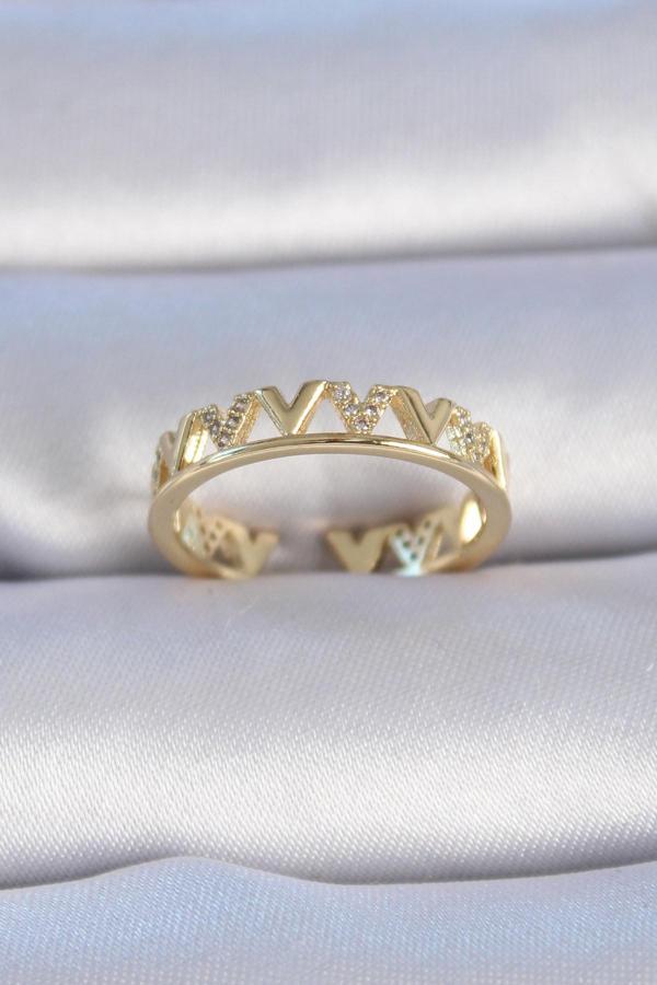Pirinç Gold Renk Zirkon Taşlı  V  Model Kadın Yüzük - Image 1