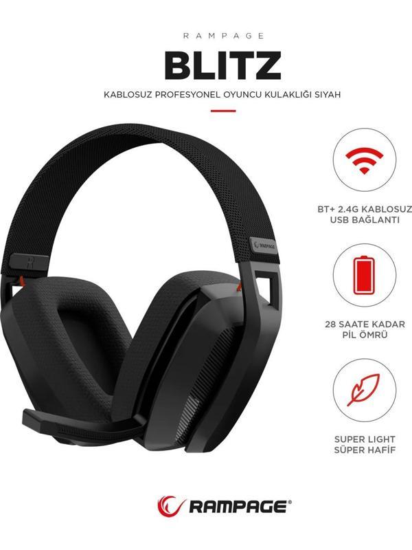 Rampage Blitz Siyah Wireless 2.4G + Bluetooth Mikrofonlu Oyuncu Kulaklığı - Image 1