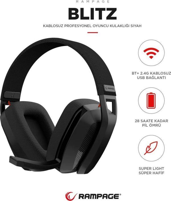 Rampage Blitz Siyah Wireless 2.4G + Bluetooth Mikrofonlu Oyuncu Kulaklığı - Image 1