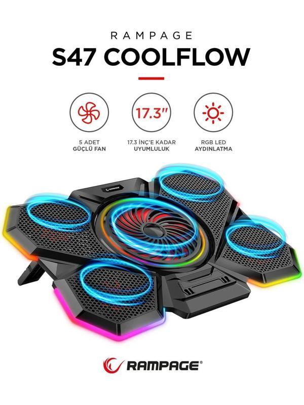 Rampage S47 Coolflow 5 Adet Kırmızı LED Fan 1 USB 7 Farklı Kademe Ayarı 10 17.3 Notebook Soğutucu Stand - Image 1