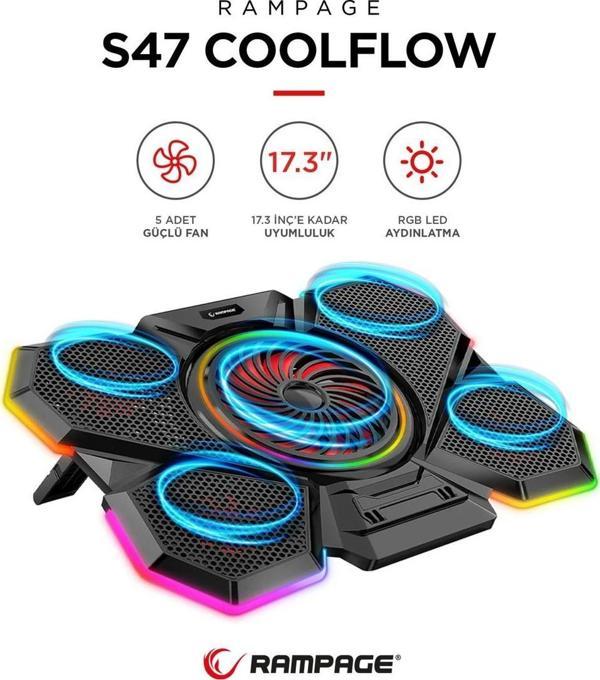 Rampage S47 Coolflow 5 Adet Kırmızı LED Fan 1 USB 7 Farklı Kademe Ayarı 10 17.3 Notebook Soğutucu Stand - Image 1