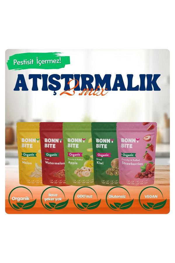 Bonny Bite Kurutulmuş Organik Kavun, Karpuz, Elma, Kivi & Çilek 5'Li Paketi ( Atştırmalık Mix2 ) - Image 1