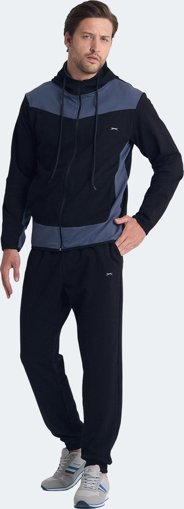 Slazenger KIMO Erkek Fermuarlı Kapüşonlu Cepli Siyah / Koyu Gri Eşofman Takımı - Image 1