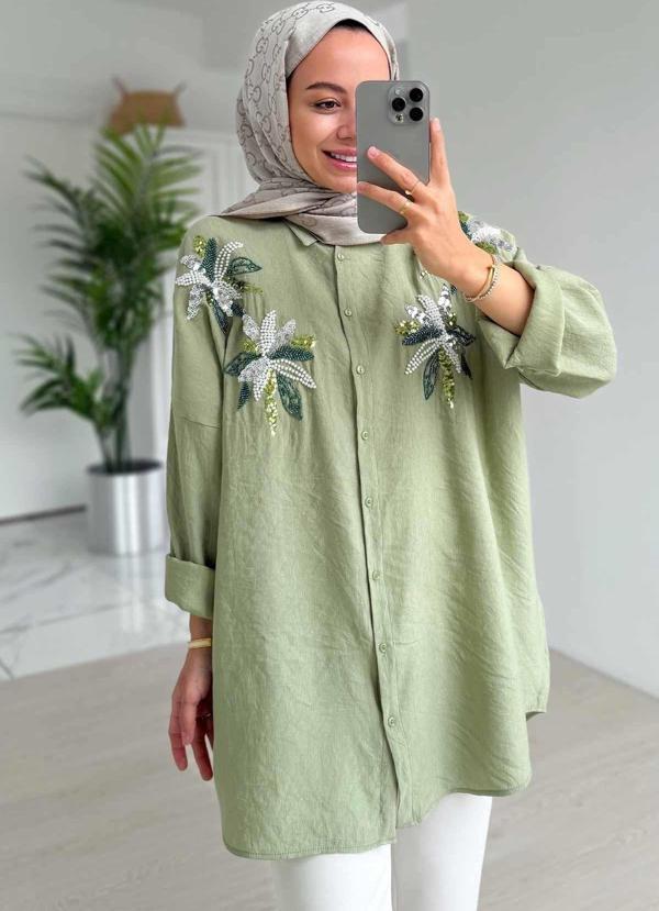 Boncuk İşleme Rahat Kesim Gömlek - Yeşil - Image 1