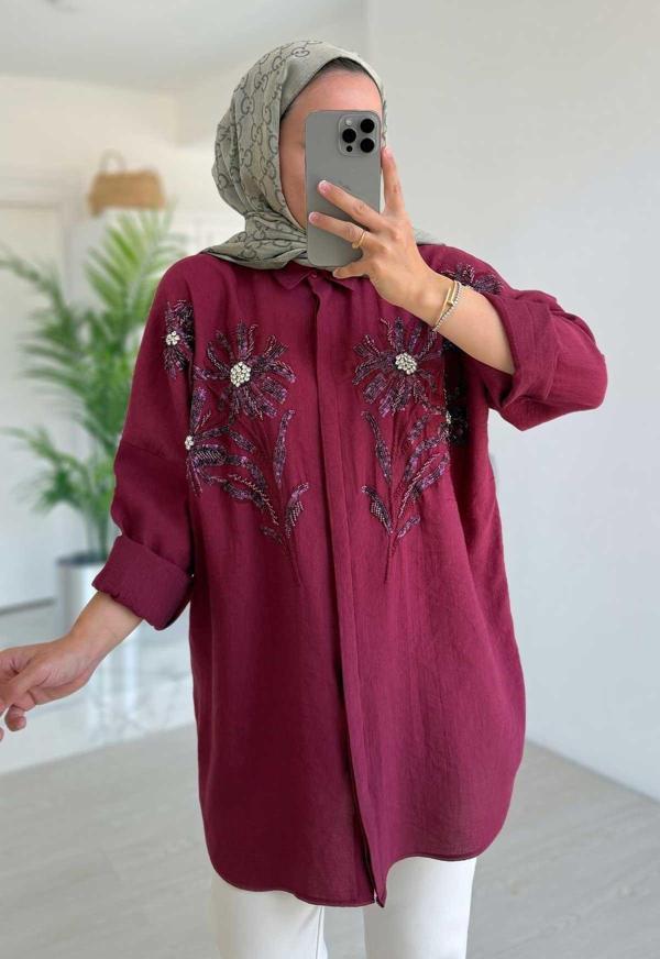 Çiçek Desen Nakış İşlemeli Gömlek - Bordo - Image 1