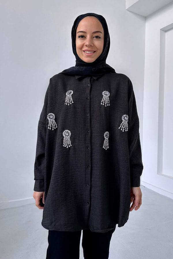 Capella Oversize Taşlı Gömlek - Siyah - Image 1