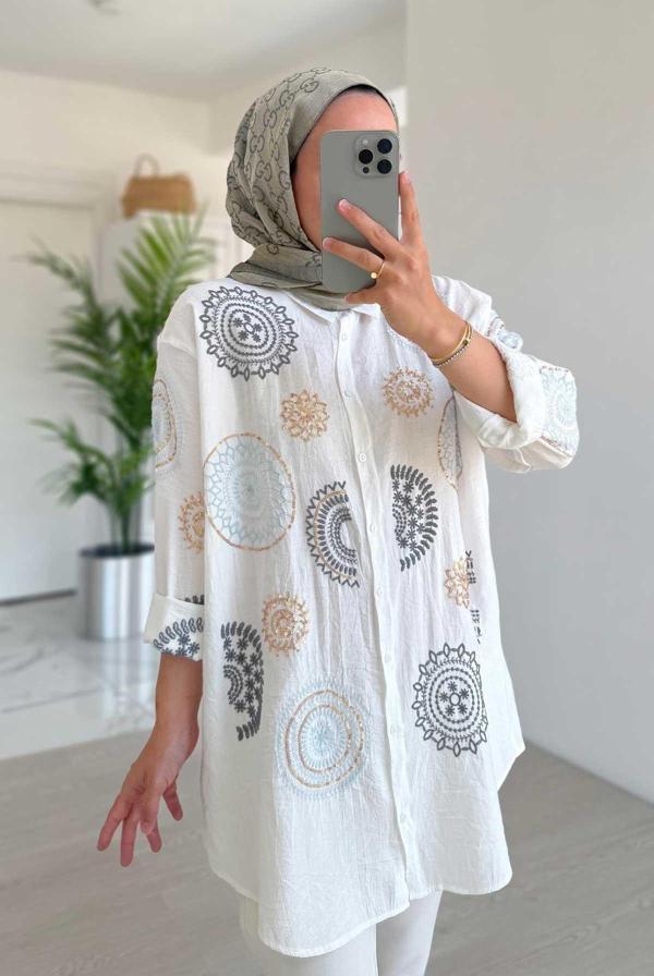 Nakış İşlemeli Etnik Desen Gömlek - Beyaz - Image 1
