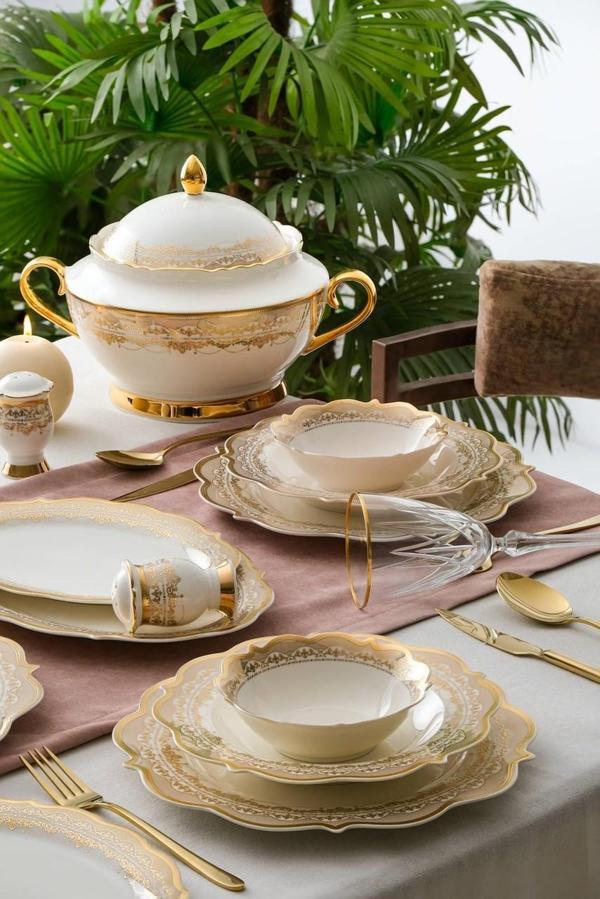 Acar Rosella 60 Parça 12 Kişilik Gold Porselen Yemek Takımı Beyaz - Gold  - Image 1