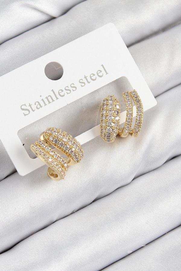 Pirinç Zirkon Taşlı Kıvrımlı Model Gold Renk Kadın Küpe - EBJ250816W37173 - Image 1