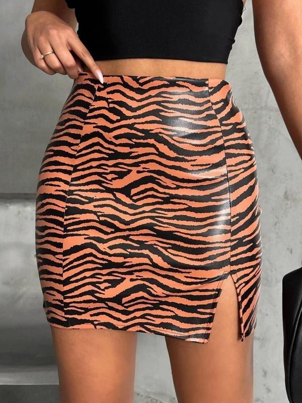Tek yırtmaçlı zebra desenli deri etek kahvesiyah w24475-S - Image 1
