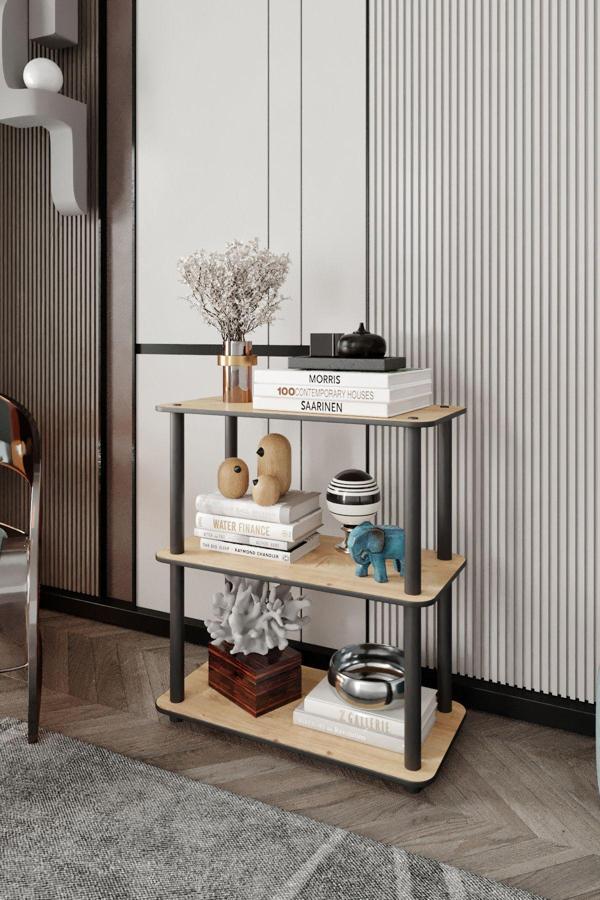 3 Katlı Dekoratif Kare Kitaplık Meşe - Image 1