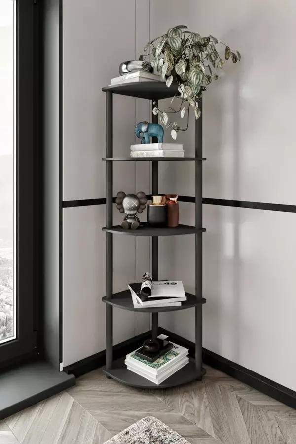 5 Katlı Dekoratif Köşe Kitaplık Siyah - Image 1