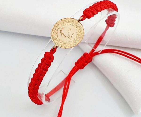 AgaKulche 22 Ayar Yarım Altınlı Kırmızı İpli Bileklik - Image 1
