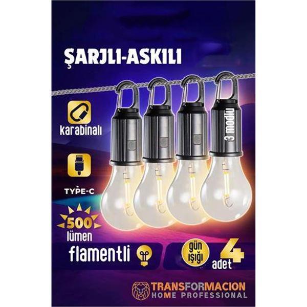 Modacar Askılı Portatif Şarjlı Askılı Ampül - 4 lü Kamp Lambası - Acil Durum Lambası - Image 1