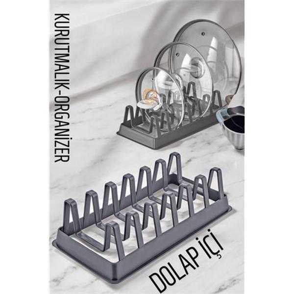  Tabak Düzenleyici Kurutmalık Dolap İçi Tencere Kapak Organizer GRİ - Image 1
