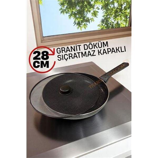  Granit Döküm Tava Yağ Sıçratmaz Kapaklı -Yapışmaz Taban 28 Cm - Image 1