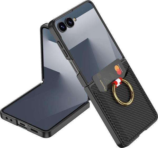 Galaxy Z Flip 7 Kıpta Yüzüklü Kartlıklı Kılıf Siyah Karbon - Image 1