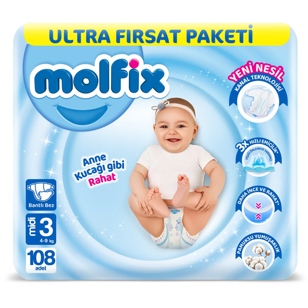 Molfix Bebek Bezi Ultra Fırsat Paketi 3 Beden 4-9 Kg 108 Adet - Image 1