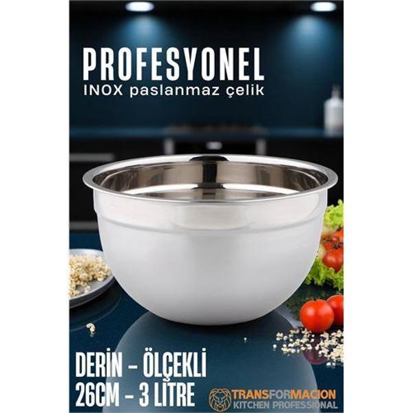 Modacar Inox Ölçekli Derin Kase  - 26 Cm 3 Litre Karıştırma Kabı Profesyonel 304 Paslanmaz Çelik - Image 1