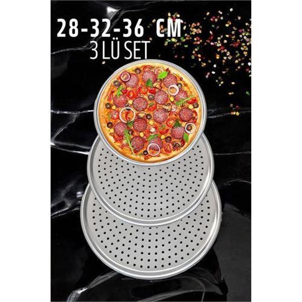  Delikli Pizza Lahmacun Tepsisi Çelik 28-32-36 CM 3 lü SET - Image 1