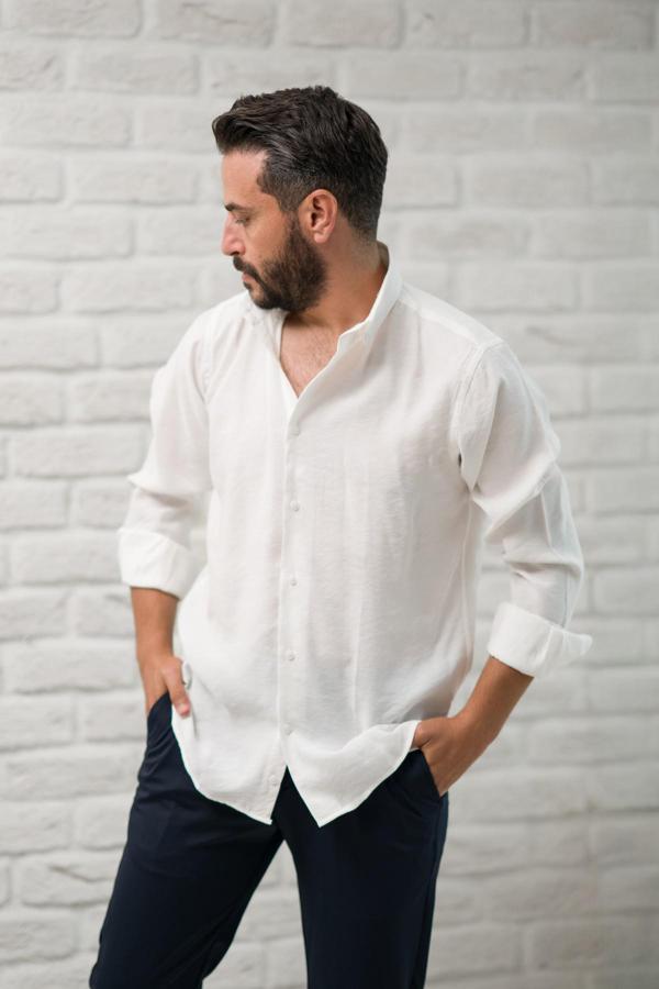 Regular Fit Yaka Düğmeli Yazlık Modal Kumaş Erkek Gömlek - Image 1