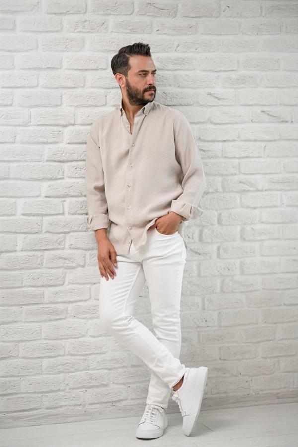 Regular Fit Yaka Düğmeli Yazlık Modal Kumaş Erkek Gömlek - Image 1