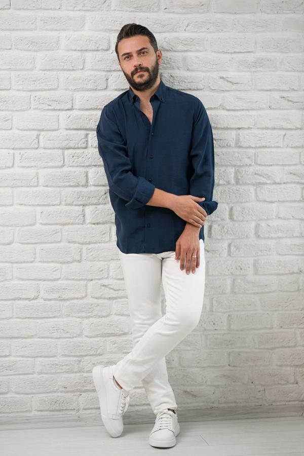 Regular Fit Yaka Düğmeli Yazlık Modal Kumaş Erkek Gömlek - Image 1