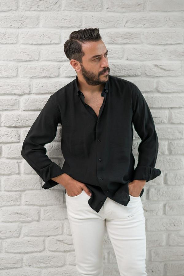 Regular Fit Yaka Düğmeli Yazlık Modal Kumaş Erkek Gömlek - Image 1