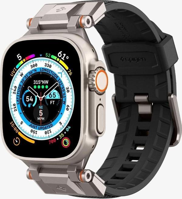 Spigen Apple Watch 49mm Ultra 2/1 - 46mm Seri 10 - 45mm Seri 9/8/7 - 44mm Seri SE2/SE/6/5/4 Kordon Kayış Band DuraPro Armor Black - AMP06065 - Image 1