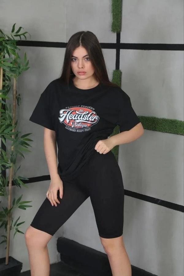 Unisex Baskılı Oversize T-Shirt - Siyah - Image 1