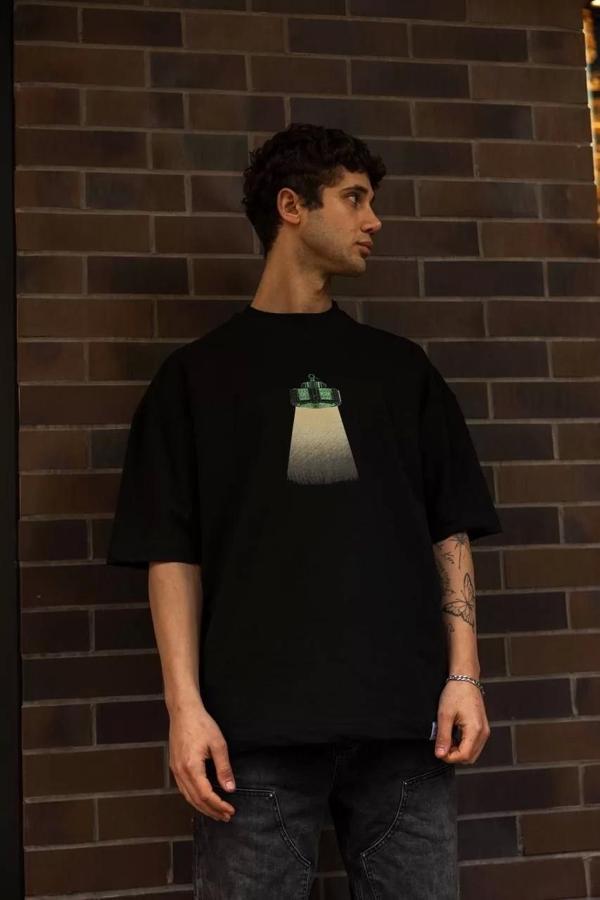 Unisex Bisiklet Yaka Baskılı Oversize T-Shirt - Siyah - Image 1