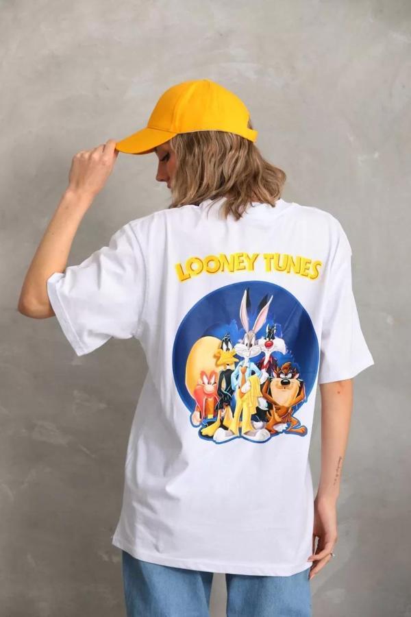 Unisex Baskılı Oversize T-Shirt - Beyaz - Image 1