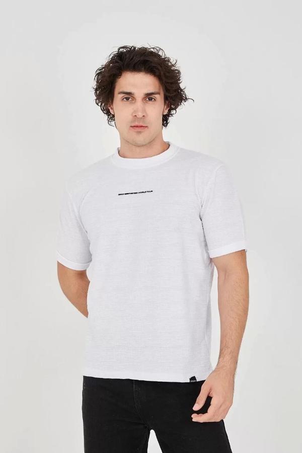 Unisex Jakar Kumaş Slim Fit T-Shirt - Beyaz - Image 1