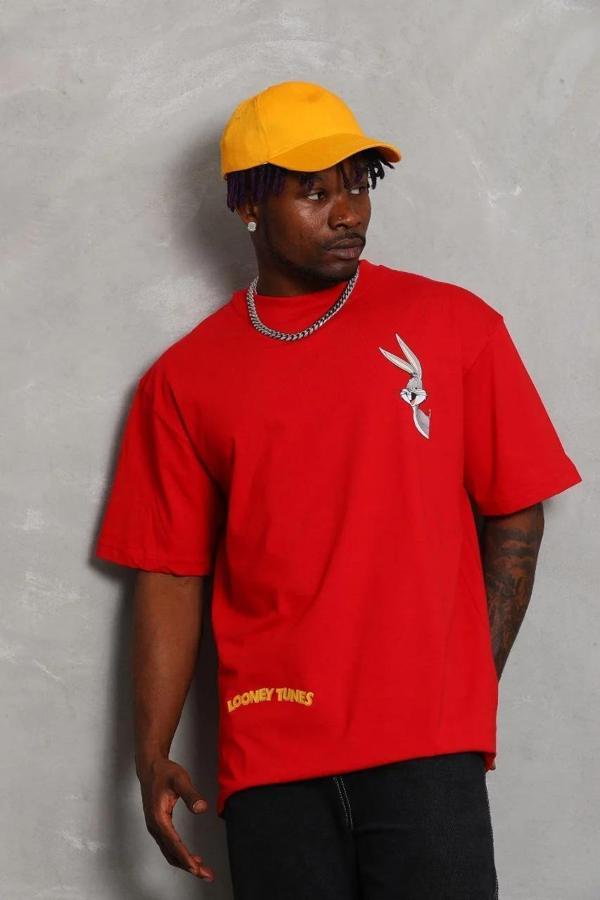Unisex Oversize Baskılı Bisiklet Yaka T-Shirt - Kırmızı - Image 1