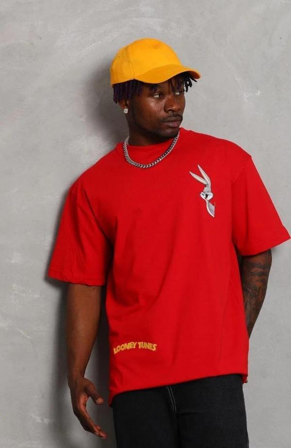 Unisex Oversize Baskılı Bisiklet Yaka T-Shirt - Kırmızı - Image 1