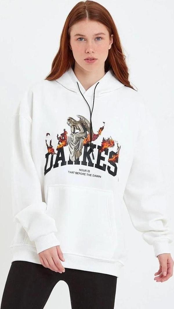 Kadın DANKES Baskılı Kapüşonlu Sweat - Beyaz - Image 1