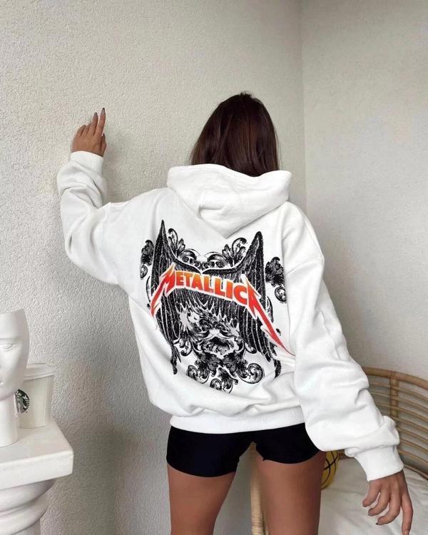 Kadın Baskılı Kapüşonlu Sweat - Beyaz - Image 1