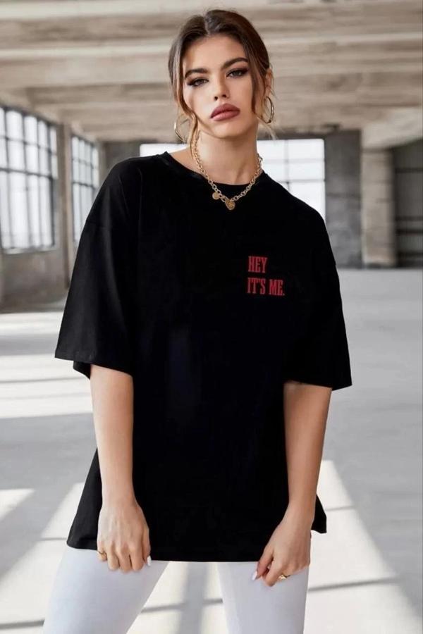 Unisex Baskılı Oversize T-Shirt - Siyah - Image 1