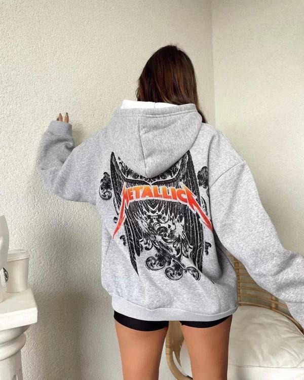 Kadın Baskılı Kapüşonlu Sweat - Gri - Image 1