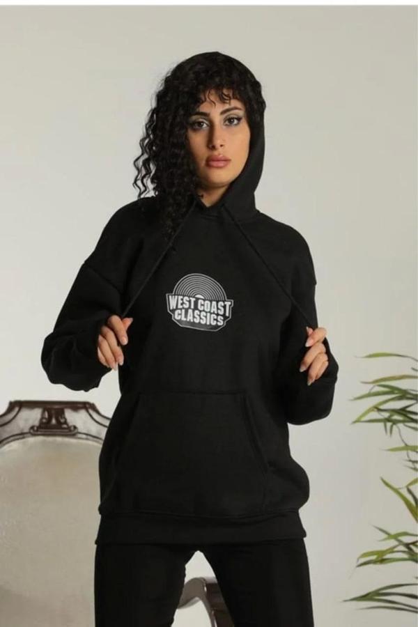 Unisex Sırt Baskılı Kapüşonlu Üç İplik Oversize Sweatshirt - Siyah - Image 1