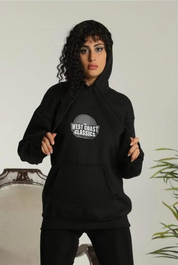 Unisex Sırt Baskılı Kapüşonlu Üç İplik Oversize Sweatshirt - Siyah - Image 1