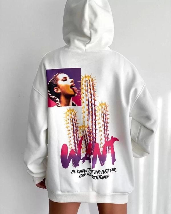 Baskılı Üç İplik Kapüşonlu Oversize Sweatshirt - Beyaz - Image 1