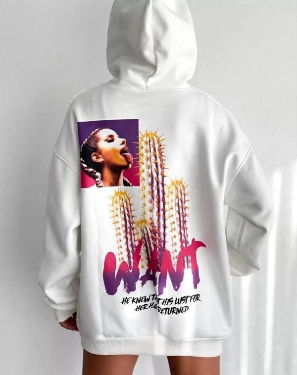 Baskılı Üç İplik Kapüşonlu Oversize Sweatshirt - Beyaz - Image 1