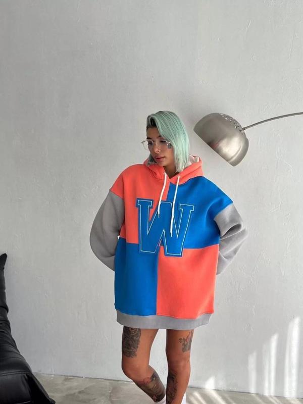 Kadın W Nakış İşlemeli Kapüşonlu Sweatshirt - Mavi - Image 1