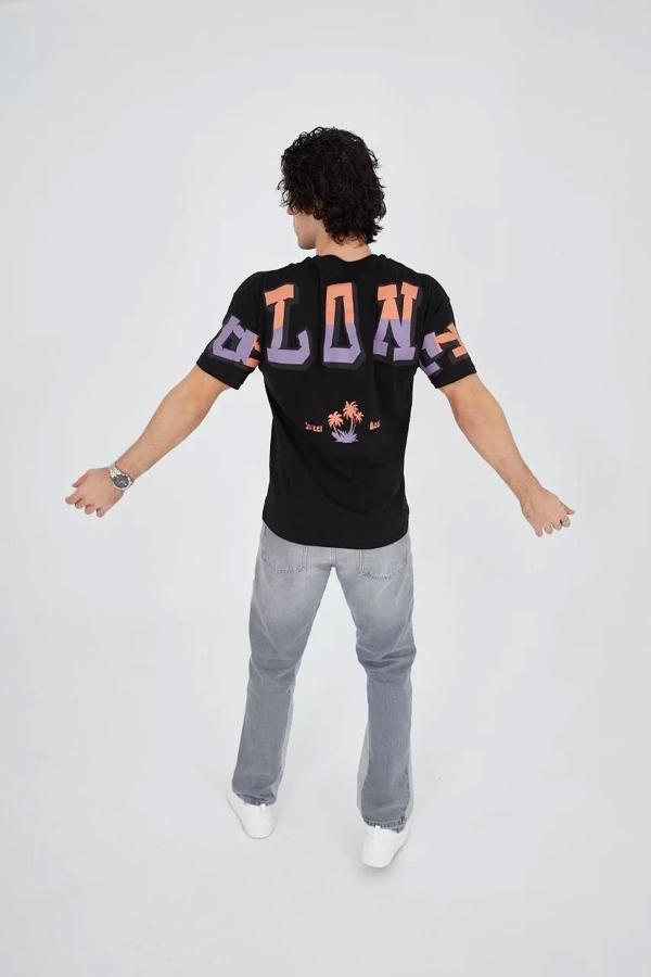 Erkek Ön ve Arka Baskılı T-Shirt - Siyah - Image 1